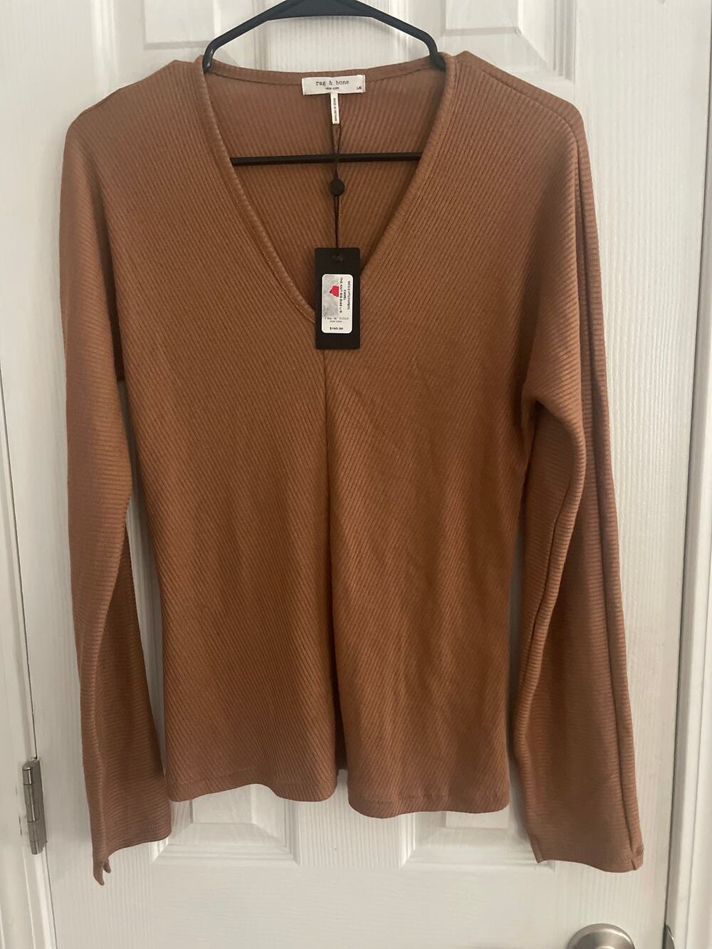 Rag & Bone Long Sleeved Knit Rib Bias Pullover Top, Latte Color,